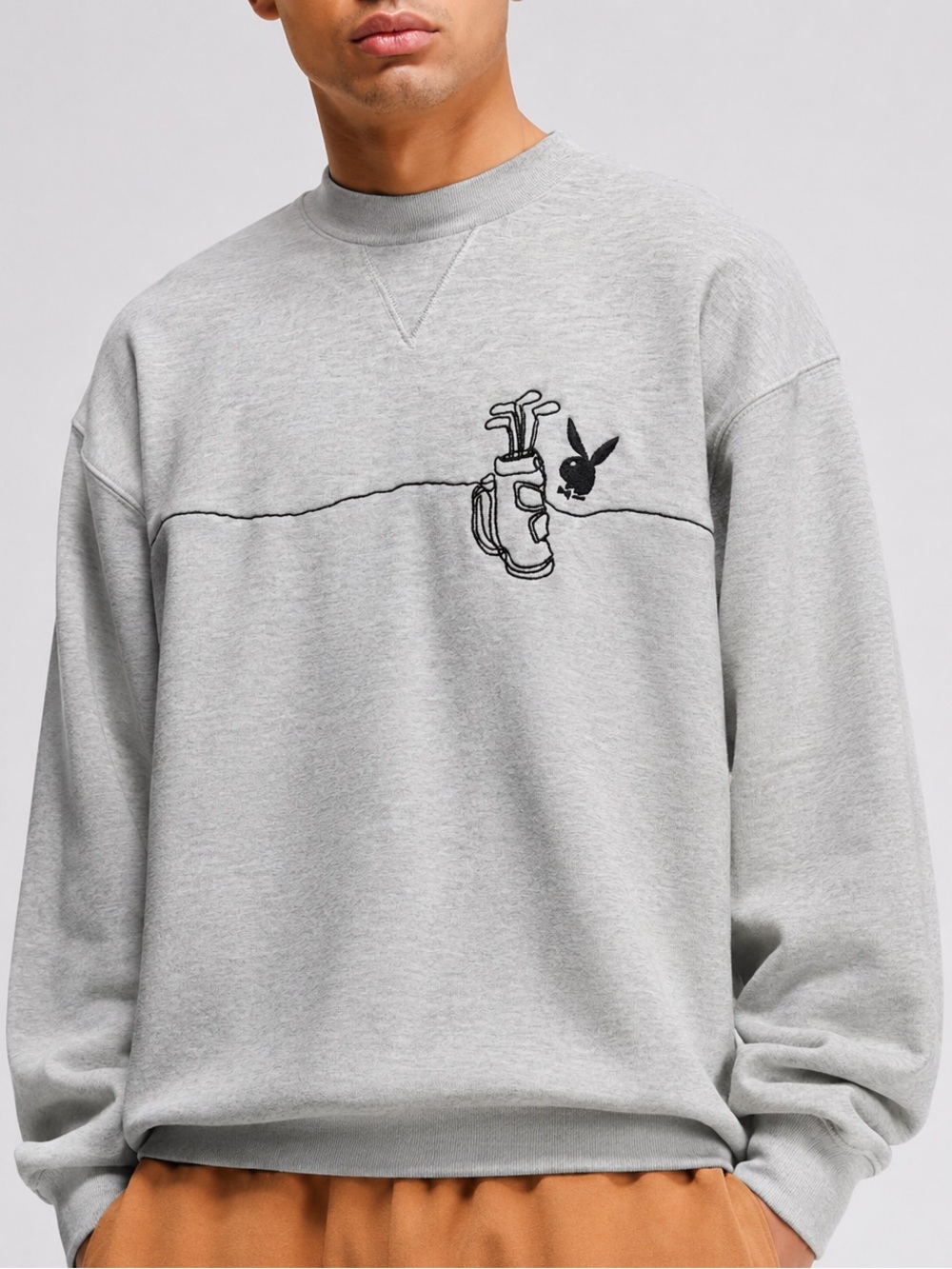 Playboy X PacSun Heather Gray Golf Clubs Bag Embroidered Crewneck Y2K Sweatshirt